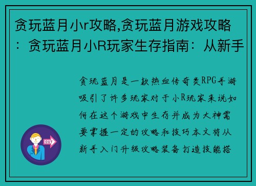 贪玩蓝月小r攻略,贪玩蓝月游戏攻略：贪玩蓝月小R玩家生存指南：从新手到大神